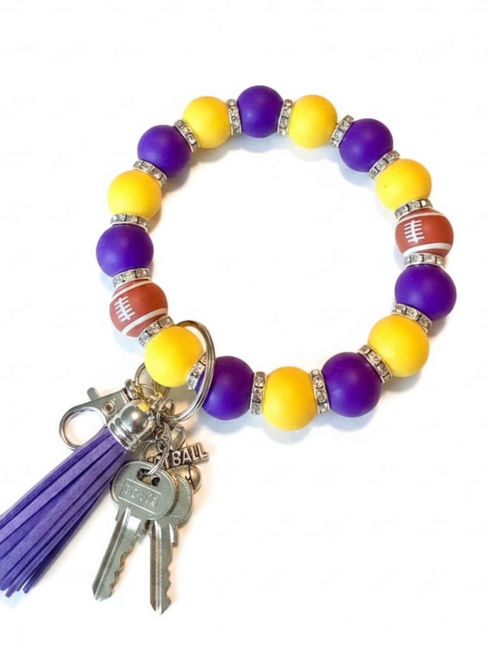Purple & Gold Football Silicone Bead Wristlet Keychain Handmade
